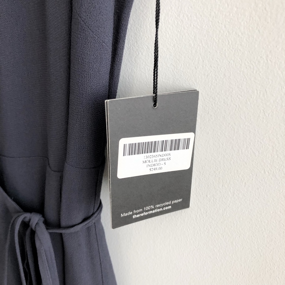 reformation • mollie blue indigo gray cap sleeve tie wrap midi fit flare dress - Picture 6 of 8